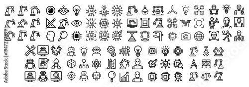 Robotics icons with robot arm chip outline