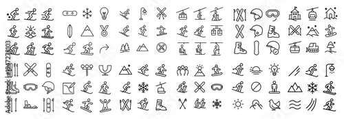 Skiing icons with skier snowboard ski minimal outline