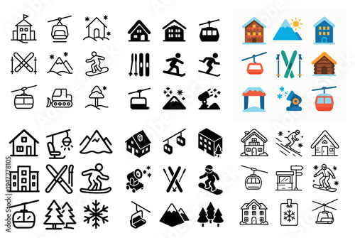 Winter icons with skier ski lift chalet minimal