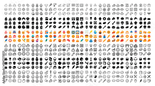 Food icons with cake pizza ice cream flat