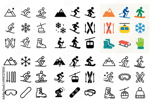 Mountain icons with skier gondola snowflake minimal outline