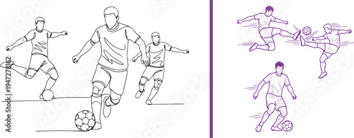 Purple and black line art vector of soccer players in action, featuring athletes dribbling, running, and kicking the ball in a dynamic sports illustration.