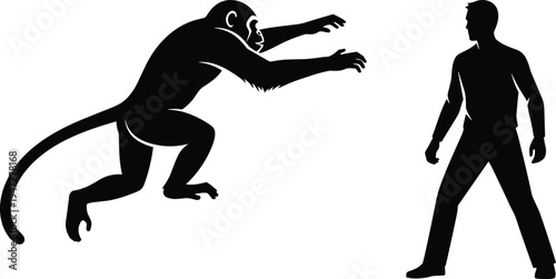Black silhouette illustration of monkey leaping toward standing human figure, dynamic interaction pose, suitable for design, education, recognition