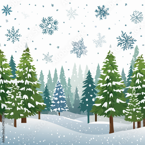 Winter forest scene with snowflakes and evergreen trees illustration