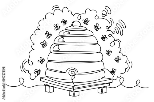 Beehive on a wooden stand with honey bees flying around in minimalist continuous line art style