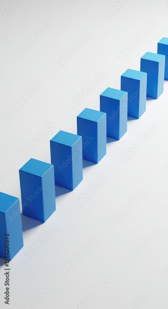 Fototapeta premium A perfect sequence of identical blue geometric blocks lined up on a white surface, interrupted by a single deliberate empty space or void, white, shape, order