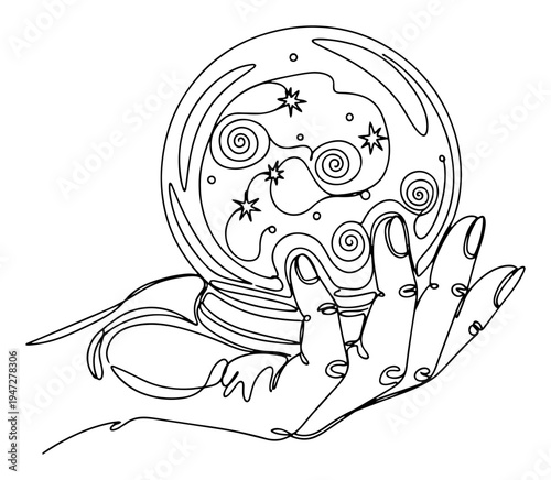 Magic crystal ball held by hand with stars in continuous line art style