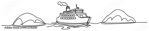 Cruise ship sailing between rocky islands in continuous line art style