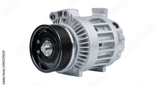 Silver car air conditioning compressor with black pulley