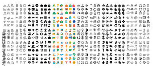 Travel icons with suitcase camera map minimal