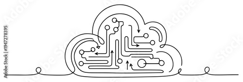 Cloud computing symbol with circuit board patterns in minimalist continuous line art style