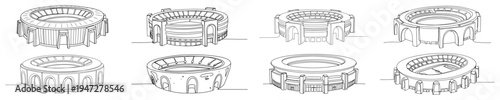 Stadium architectural designs in minimalist line art style