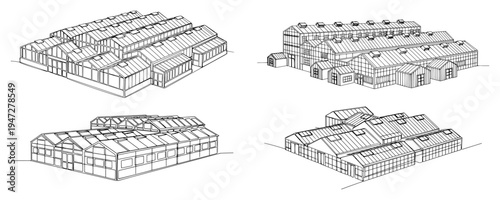 Industrial warehouse buildings and large greenhouses in line art style