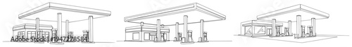 Gas station buildings and petrol pumps in minimalist line art style
