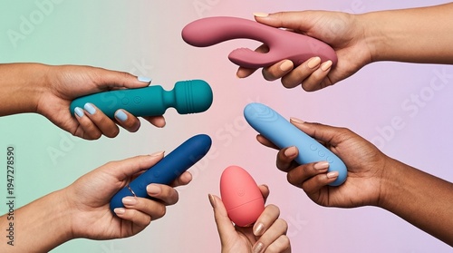 Hands holding various colorful vibrators in a circle formation display