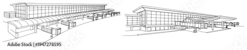Modern airport terminal building facade in architectural line art style