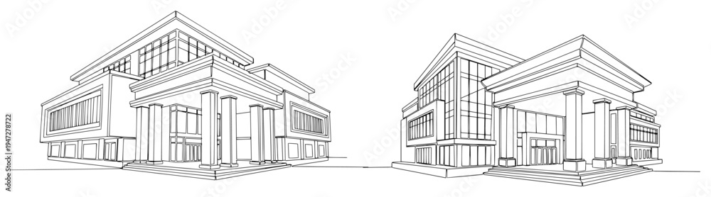 Obraz premium Modern public building with large pillars and glass facade in continuous line art style