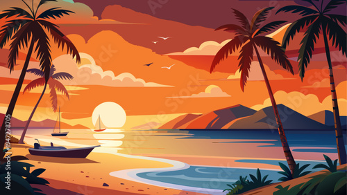 Vector tropical beach sunset with palm trees and boat
