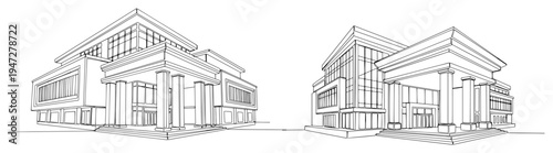 Modern public building with large pillars and glass facade in continuous line art style
