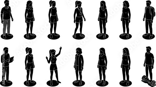 Vector illustration of fourteen diverse silhouettes of people standing on circular platforms in casual poses with accessories