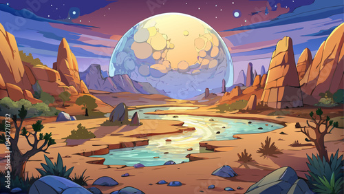 Vector desert landscape with river, mountains, and large moon