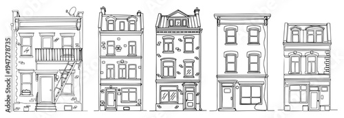 Collection of traditional city townhouse facades in hand drawn continuous line art style