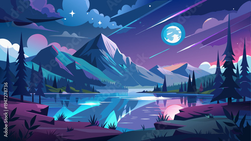 Vector illustration of a serene mountain lake landscape at dusk with purple sky