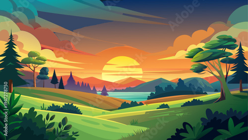 Vector illustration of a serene landscape with rolling hills and sunset