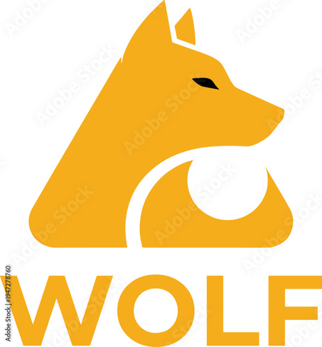 Wolf logo vector illustration with minimalist orange head profile inside triangular shape and bold uppercase text for branding identity