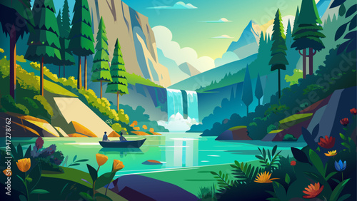 Vector scenic landscape with waterfall, lake, and mountains