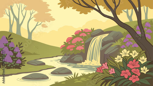 Vector scenic landscape with waterfall, flowers, and trees
