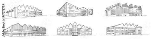 Industrial warehouses and commercial buildings collection in continuous line art style