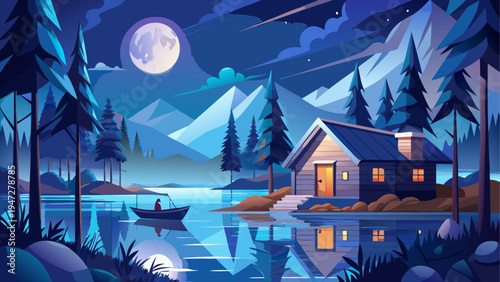 Vector illustration of a serene nighttime landscape with a house by a lake