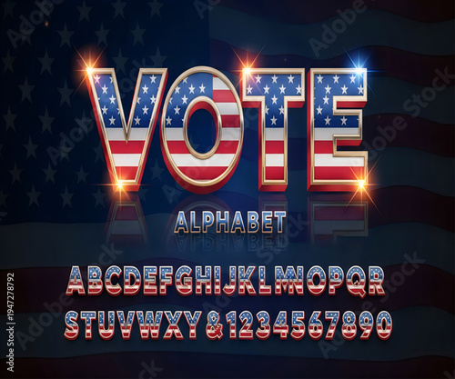 Vote alphabet with USA flag pattern and glossy metallic 3D effect

