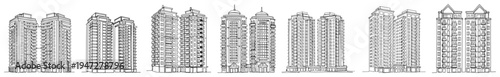 Residential high rise apartment buildings and skyscrapers in continuous line art style