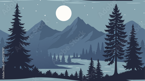 Vector illustration of nighttime mountain landscape with pine trees and full moon