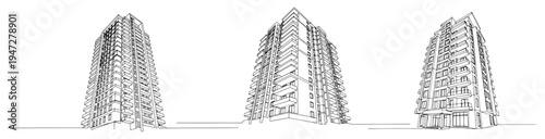 High rise apartment buildings and modern residential skyscrapers in architectural line art style