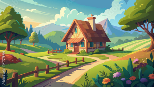 Vector illustration of a cozy house in a rural landscape with trees and flowers