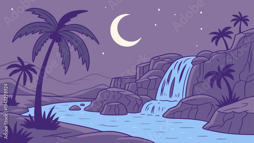 Vector illustration of a tropical landscape with waterfall at night