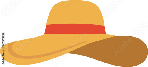 Yellow wide-brimmed sun hat vector illustration with red crown band and brown underside brim for summer fashion accessory