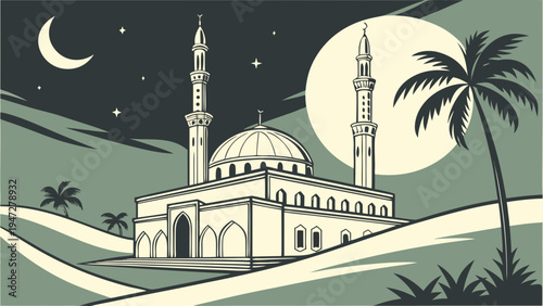 Vector illustration of mosque with palm trees at night