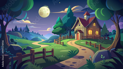 Vector illustration of a house at night with moonlight