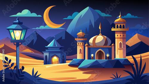 Vector illustration of desert mosque landscape at night