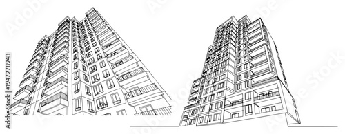 Large multi story apartment blocks with balconies in architectural line art style