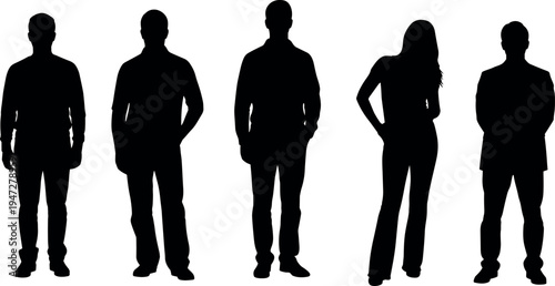 Black silhouettes of people standing side by side, casual group poses, diverse figures, minimal vector illustration artwork for design