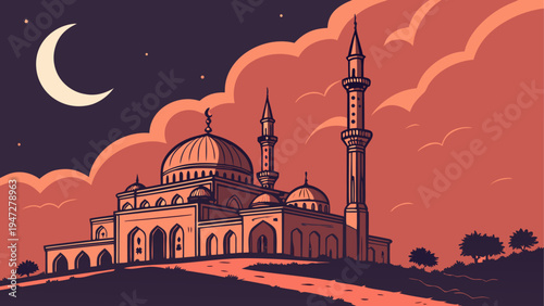 Vector illustration of a mosque at sunset with crescent moon