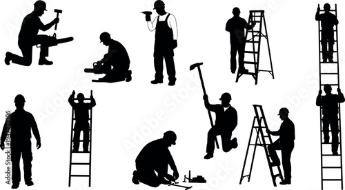 Construction worker silhouette vector illustration with tools, hammering, drilling, ladder tasks, kneeling poses, minimal black design, industrial labor artwork