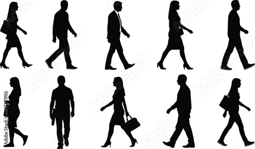 Black silhouettes of people walking vector illustration showing diverse postures, casual and business attire, bags, side view, isolated decorative design