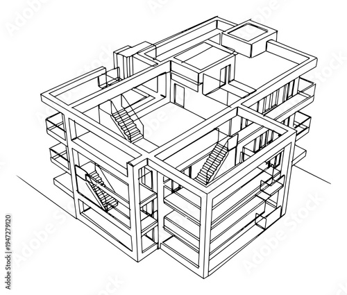 Isometric building structure showing multiple floors and internal staircases in architectural line art style