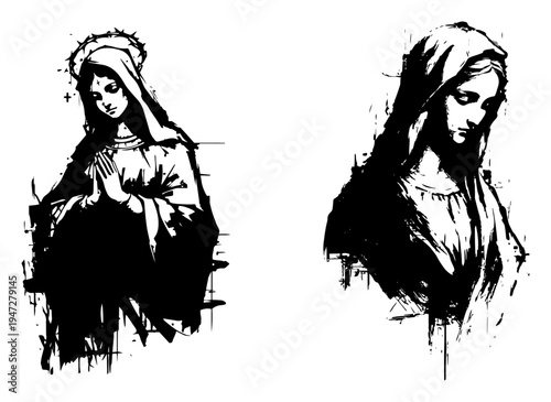 Virgin Mary Madonna shown in prayer and portrait in expressive ink sketch style